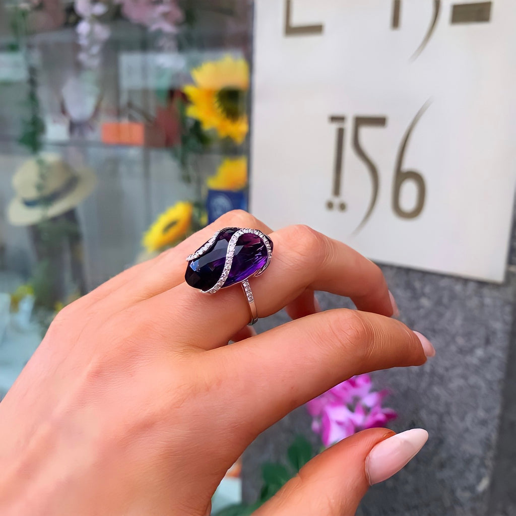 Chunky Amethyst and Diamond 18ct White Gold Cocktail Ring | Size M