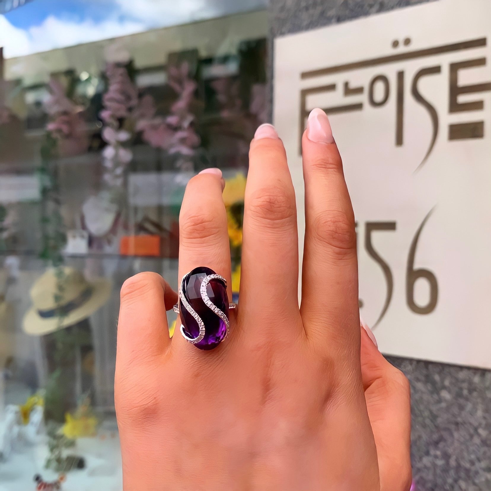 Chunky Amethyst and Diamond 18ct White Gold Cocktail Ring | Size M