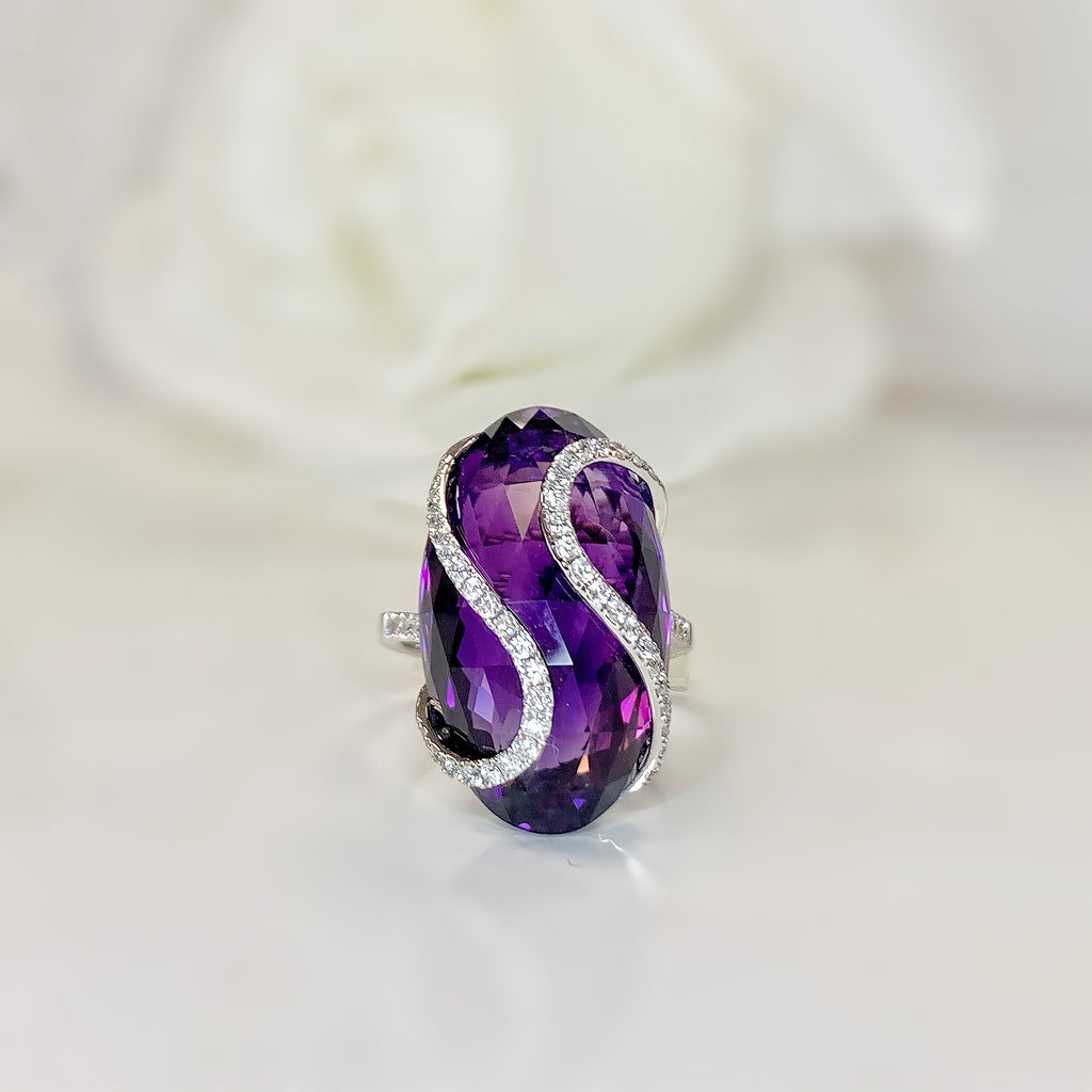 Chunky Amethyst and Diamond 18ct White Gold Cocktail Ring | Size M
