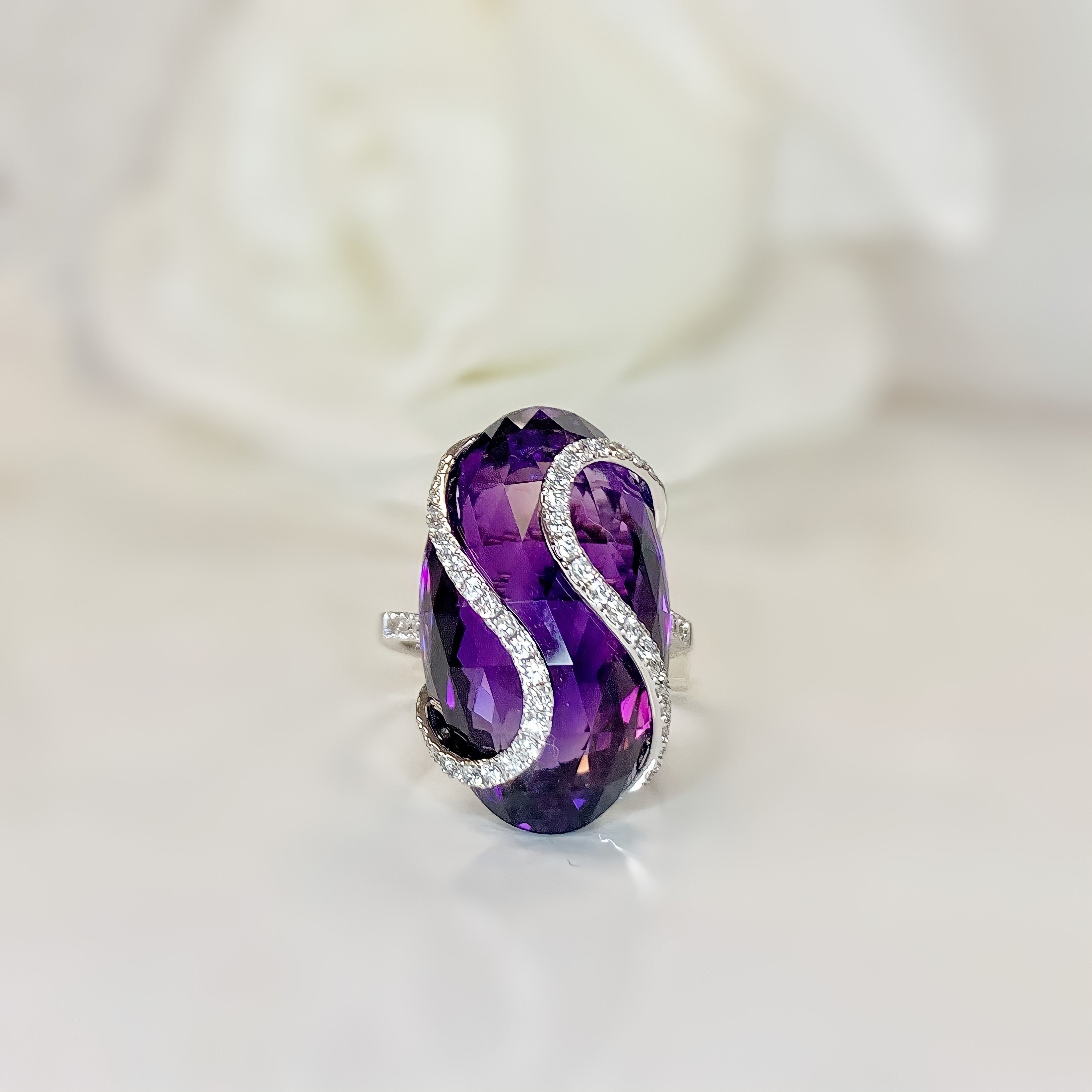 Chunky Amethyst and Diamond 18ct White Gold Cocktail Ring | Size M