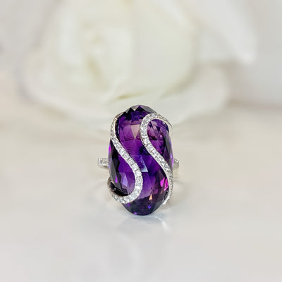 Chunky Amethyst and Diamond 18ct White Gold Cocktail Ring | Size M