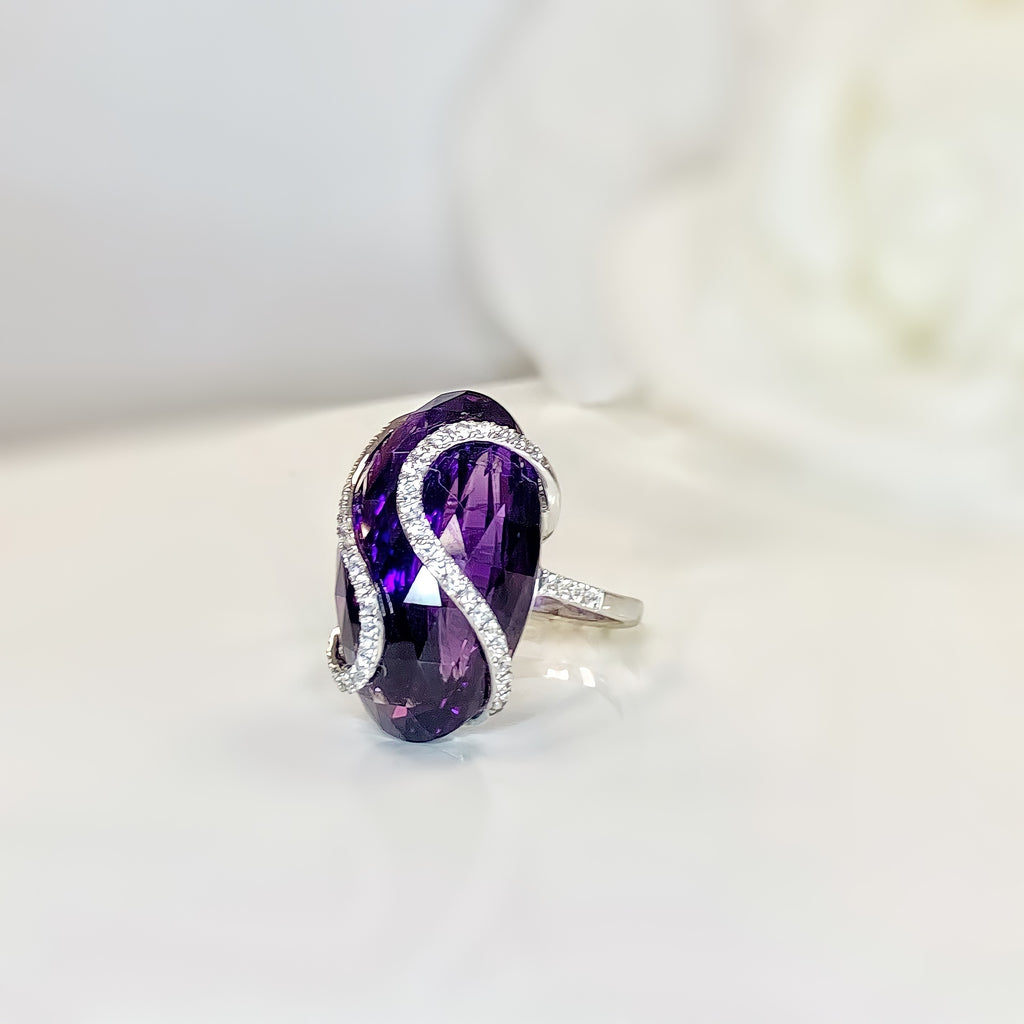 Chunky Amethyst and Diamond 18ct White Gold Cocktail Ring | Size M