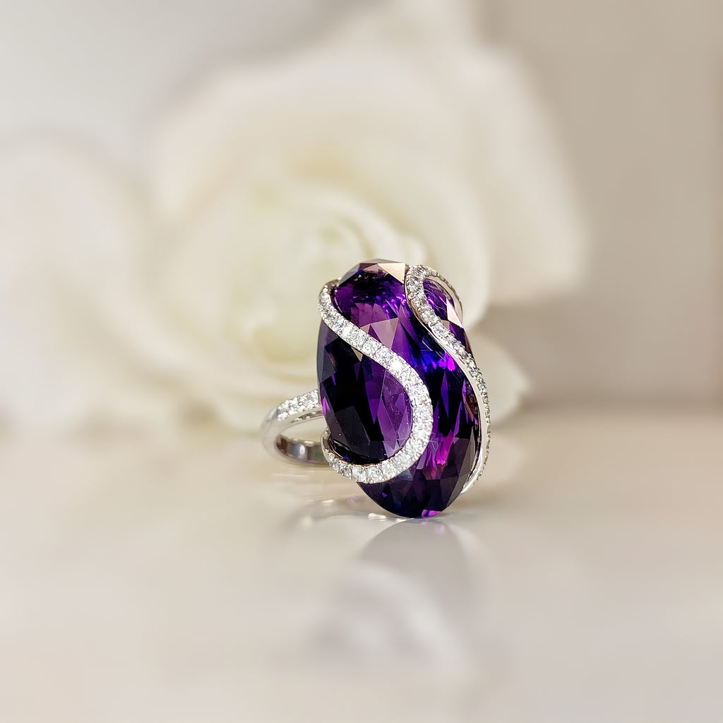Chunky Amethyst and Diamond 18ct White Gold Cocktail Ring | Size M
