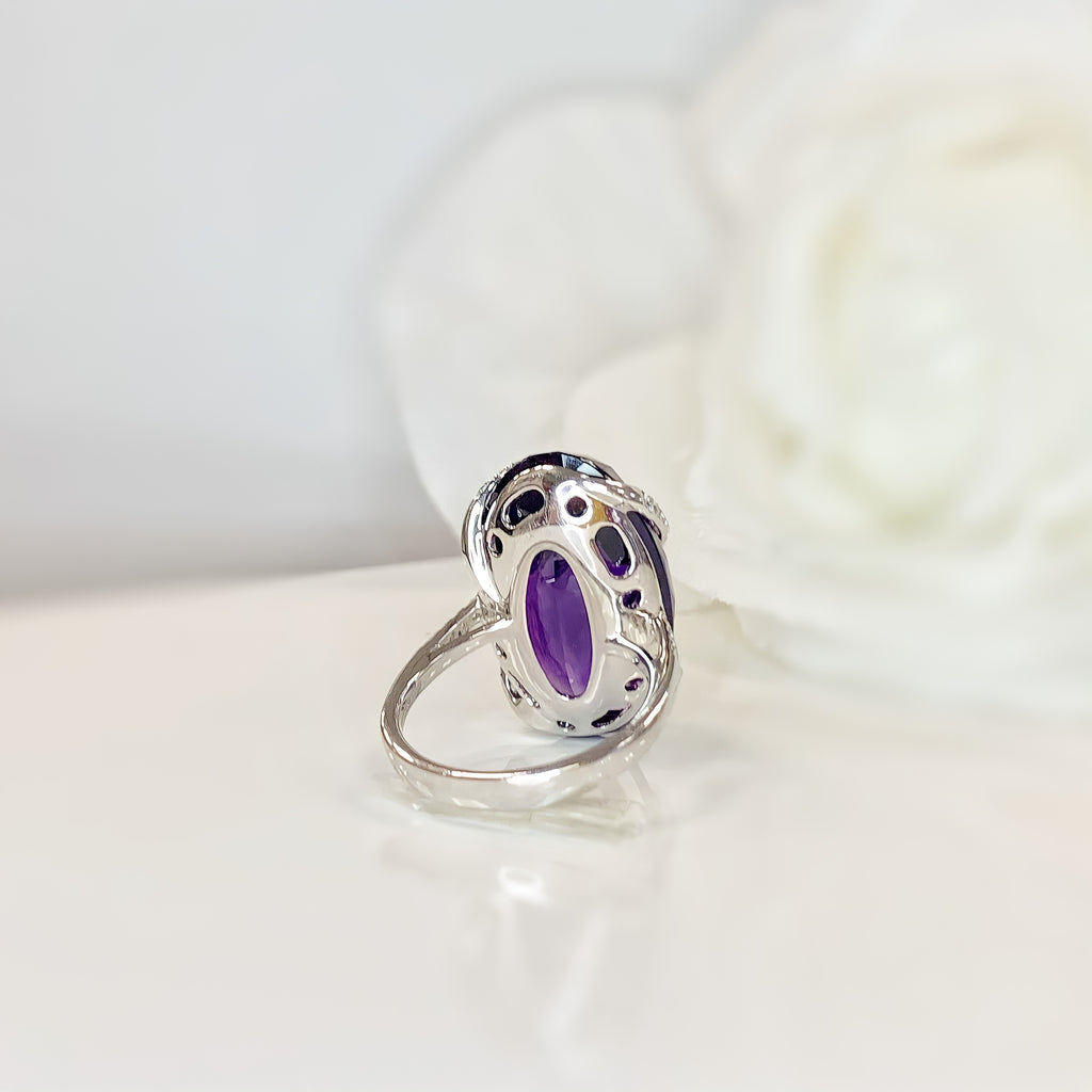 Chunky Amethyst and Diamond 18ct White Gold Cocktail Ring | Size M