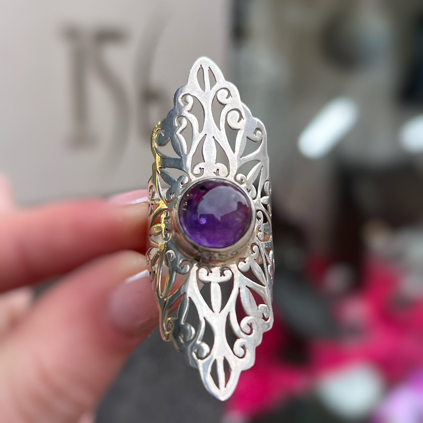 Statement Sterling Silver Pierced Out Amethyst Cabochon Ring - Size P1/2