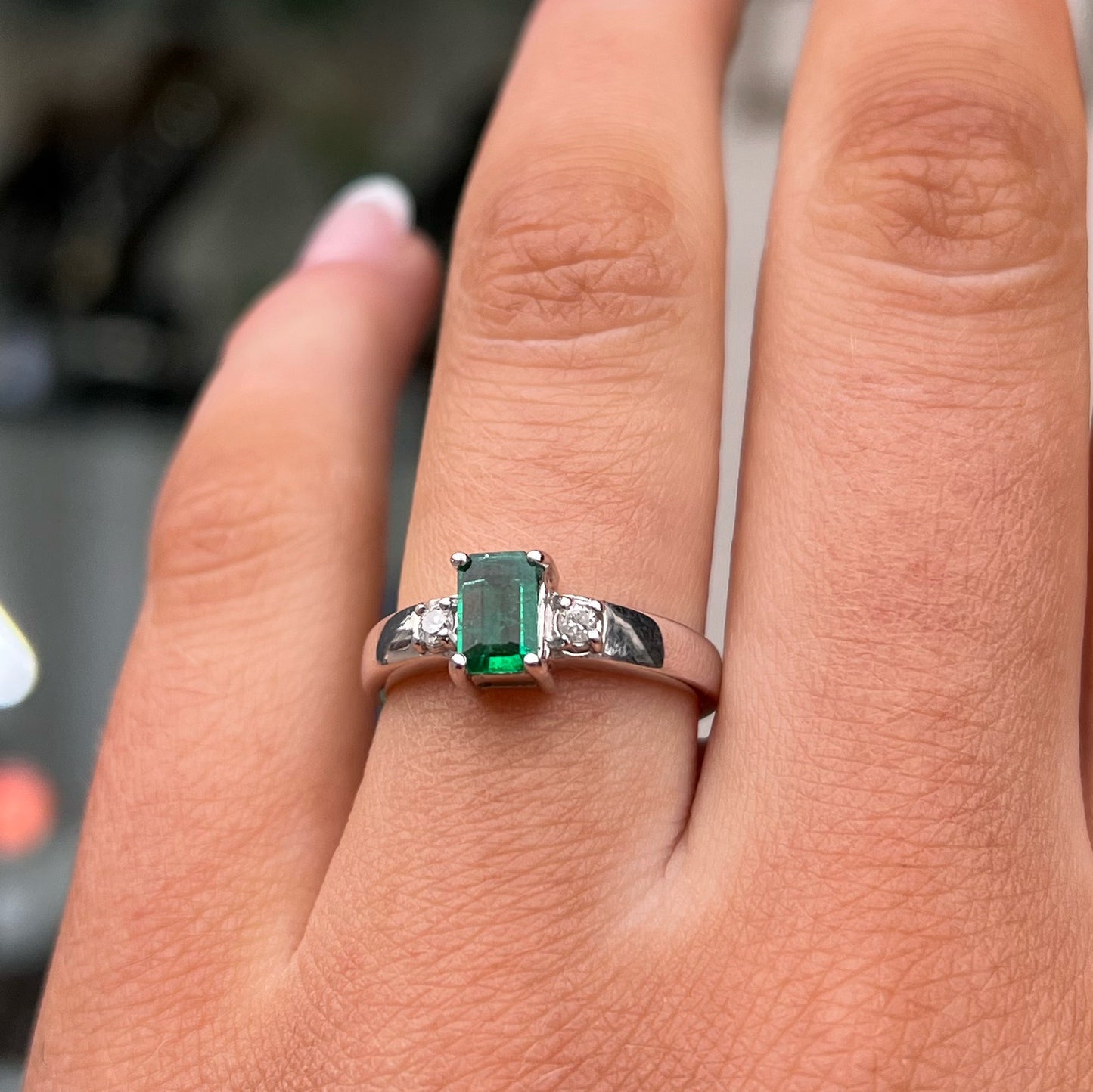 18ct White Gold Emerald and Diamond Three Stone Ring - SIZE L 1/2