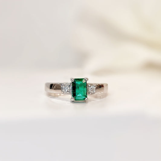 18ct White Gold Emerald and Diamond Three Stone Ring - SIZE L 1/2
