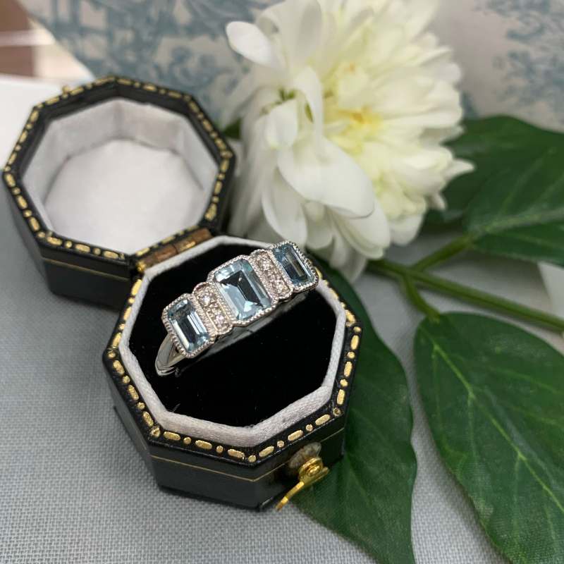 Vintage Inspired 9ct Aquamarine and Diamond Ring - SIZE M