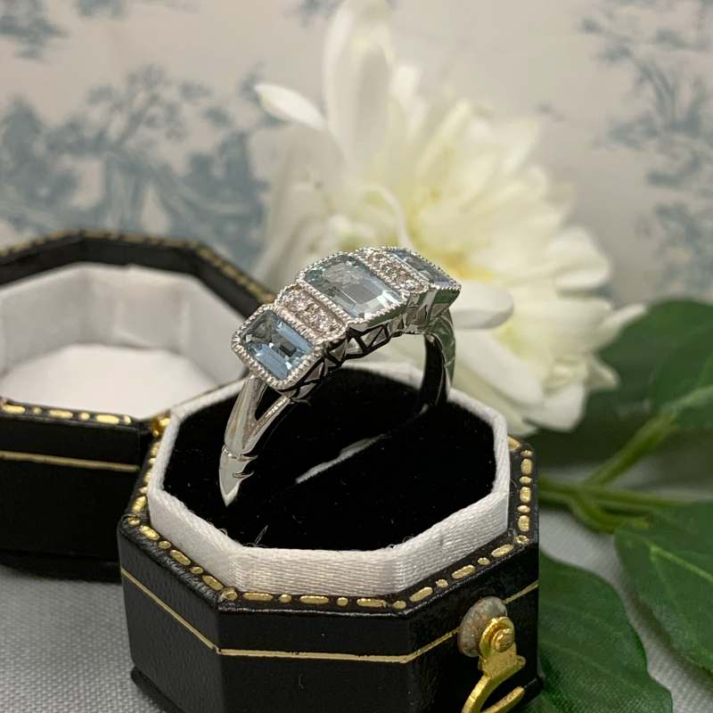 Vintage Inspired 9ct Aquamarine and Diamond Ring - SIZE M