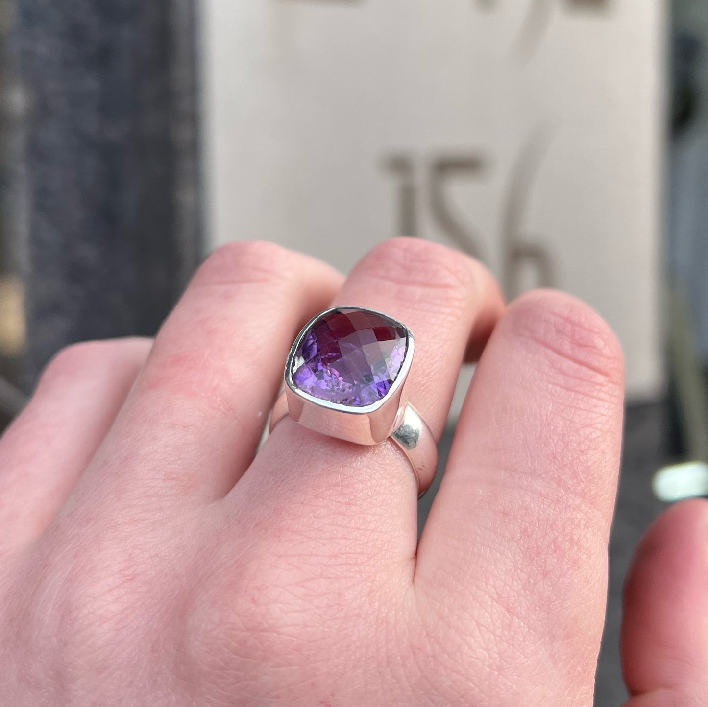Sterling Silver Statement Checkerboard Amethyst Ring - Size N