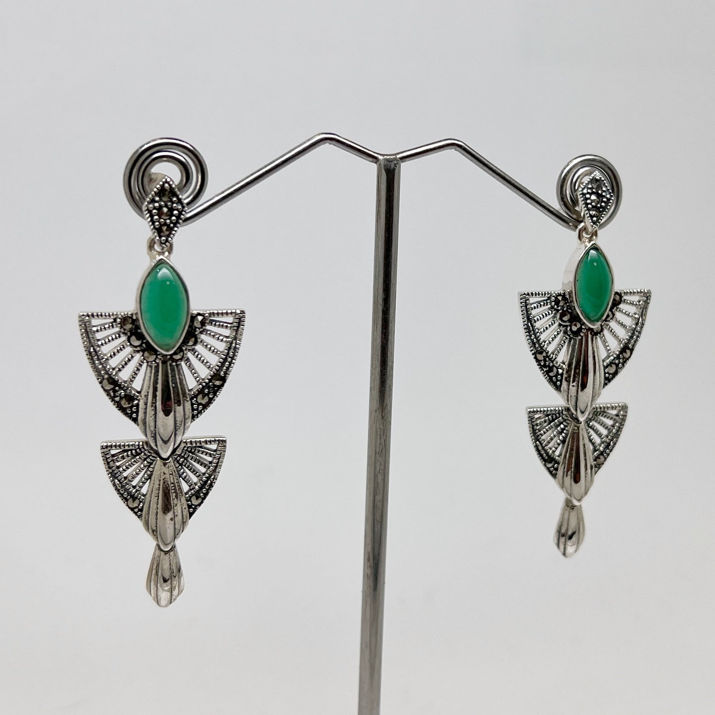 Sterling Silver Marcasite Green Agate Earrings