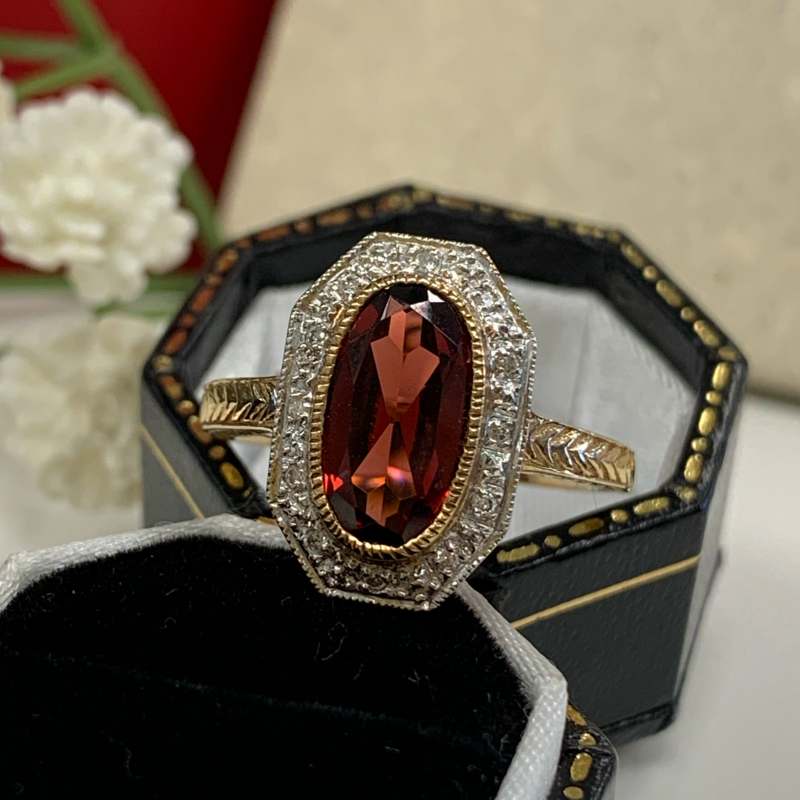 Art Deco Inspired 9ct Yellow Gold Garnet and Diamond Ring - SIZE L 1/2