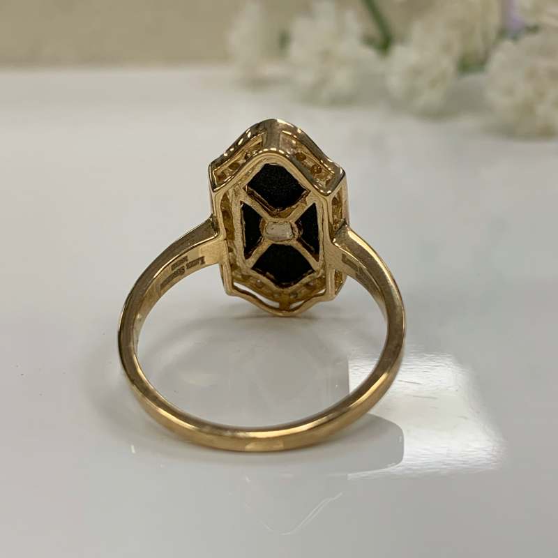 9ct Yellow Gold Diamond, Pearl and Onyx Ring - Size N