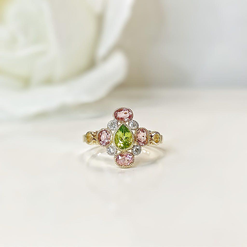 Victorian Reproduction Peridot, Pink Tourmaline and Diamond 9ct Yellow Gold Ring | Size N ½
