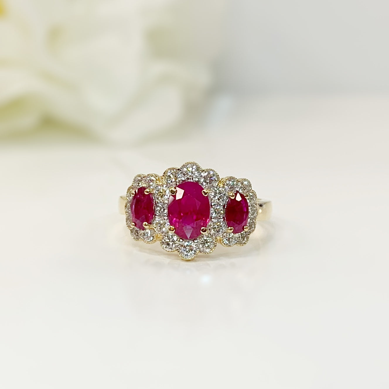 18ct Yellow Gold Red Ruby And Diamond Trilogy Ring – Size M ½