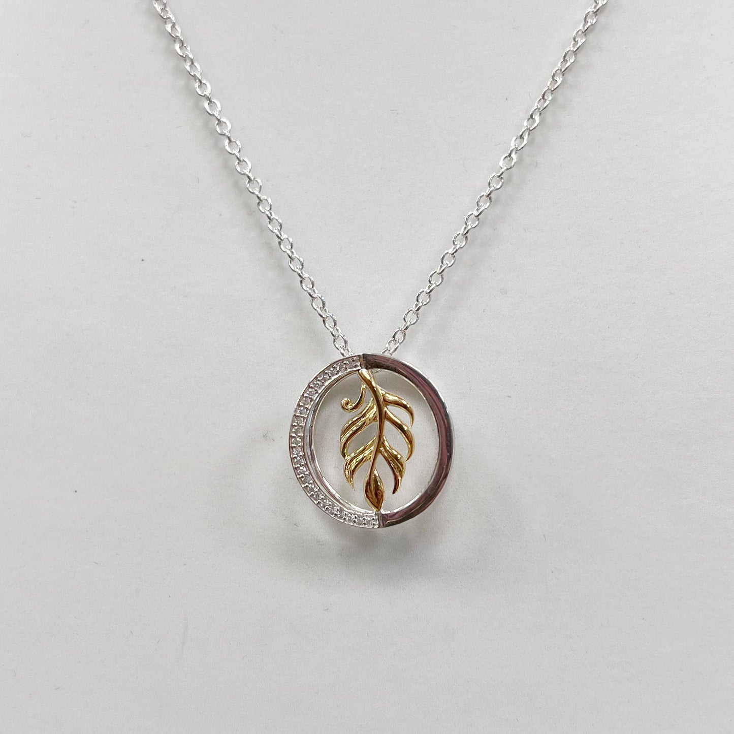 Unique Ladies Sterling Silver and Gold Plated Cubic Zirconia Leaf Necklace