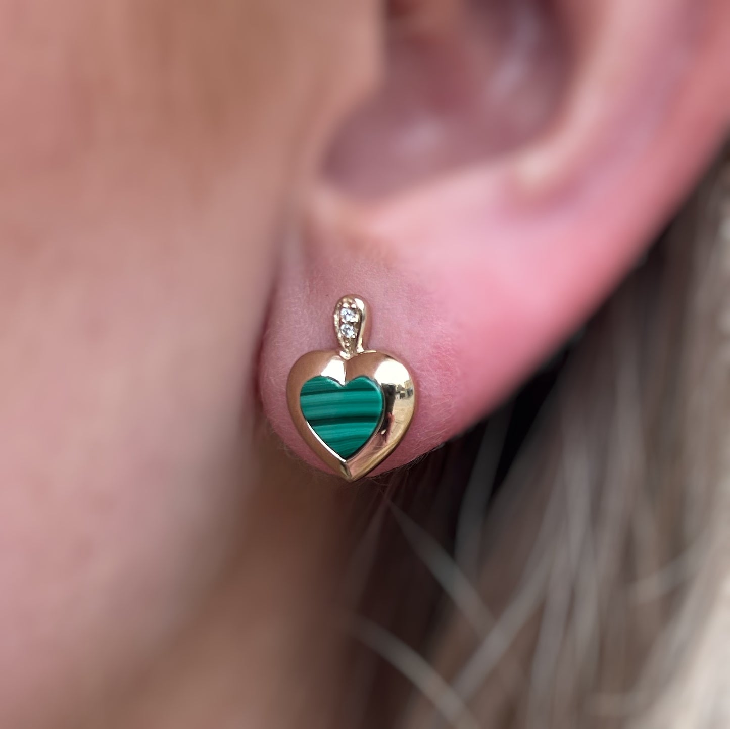 Unique Ladies Sterling Silver & Gold Plated Malachite and Cubic Zirconia Heart Earrings
