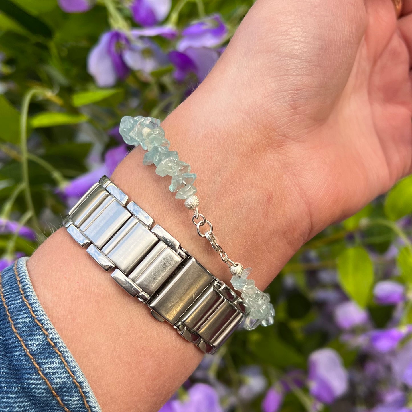 Sterling Silver Aquamarine Chip Bracelet