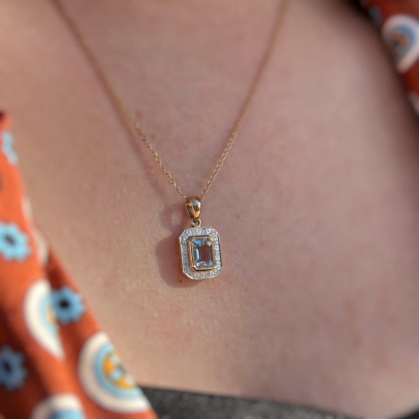 9ct Yellow Gold Aquamarine and Diamond Art Deco Inspired Necklace