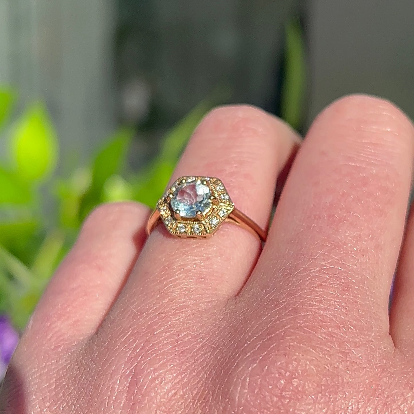 9ct Yellow Gold Aquamarine and Diamond Art Deco Inspired Ring - Size M 1/2