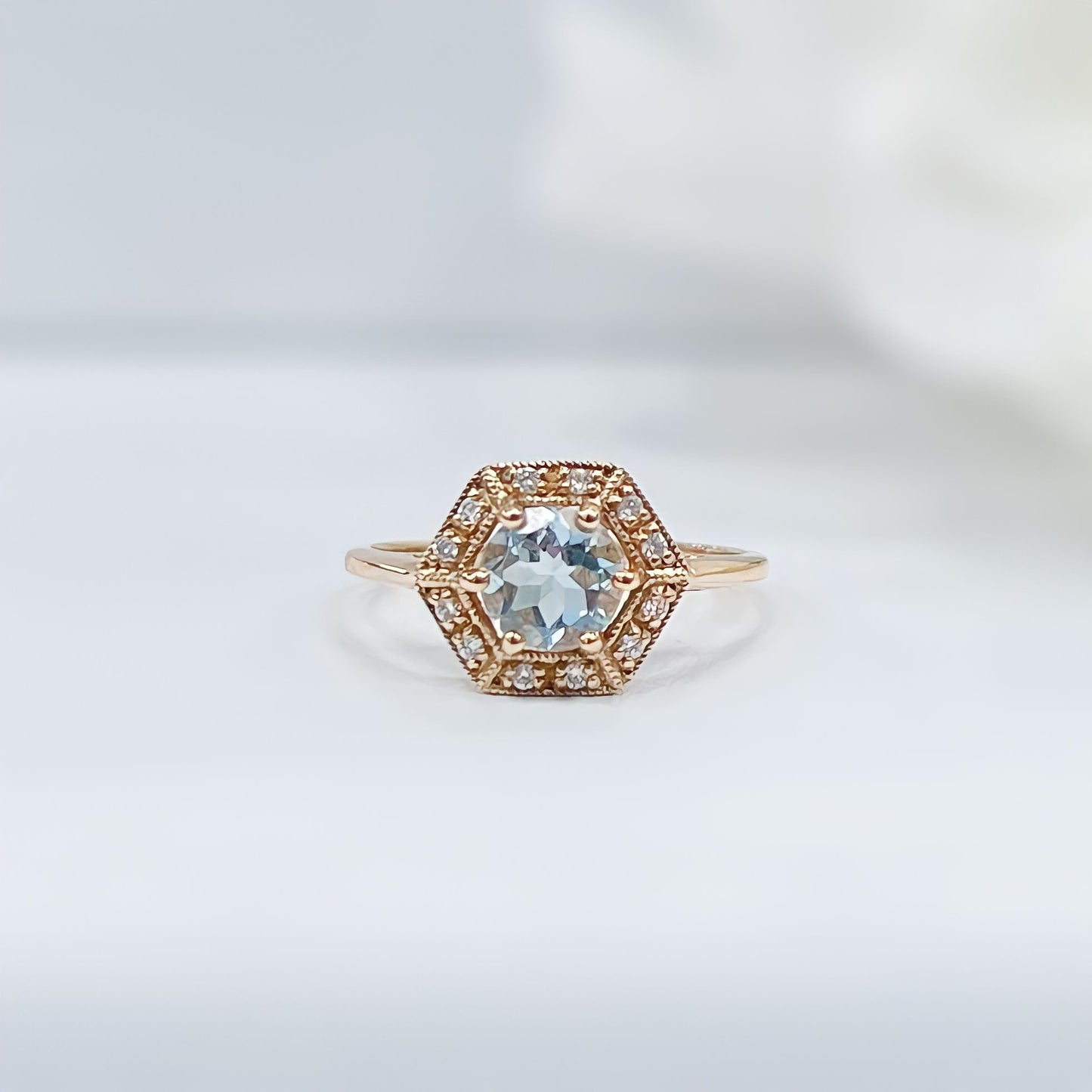 9ct Yellow Gold Aquamarine and Diamond Art Deco Inspired Ring - Size M 1/2