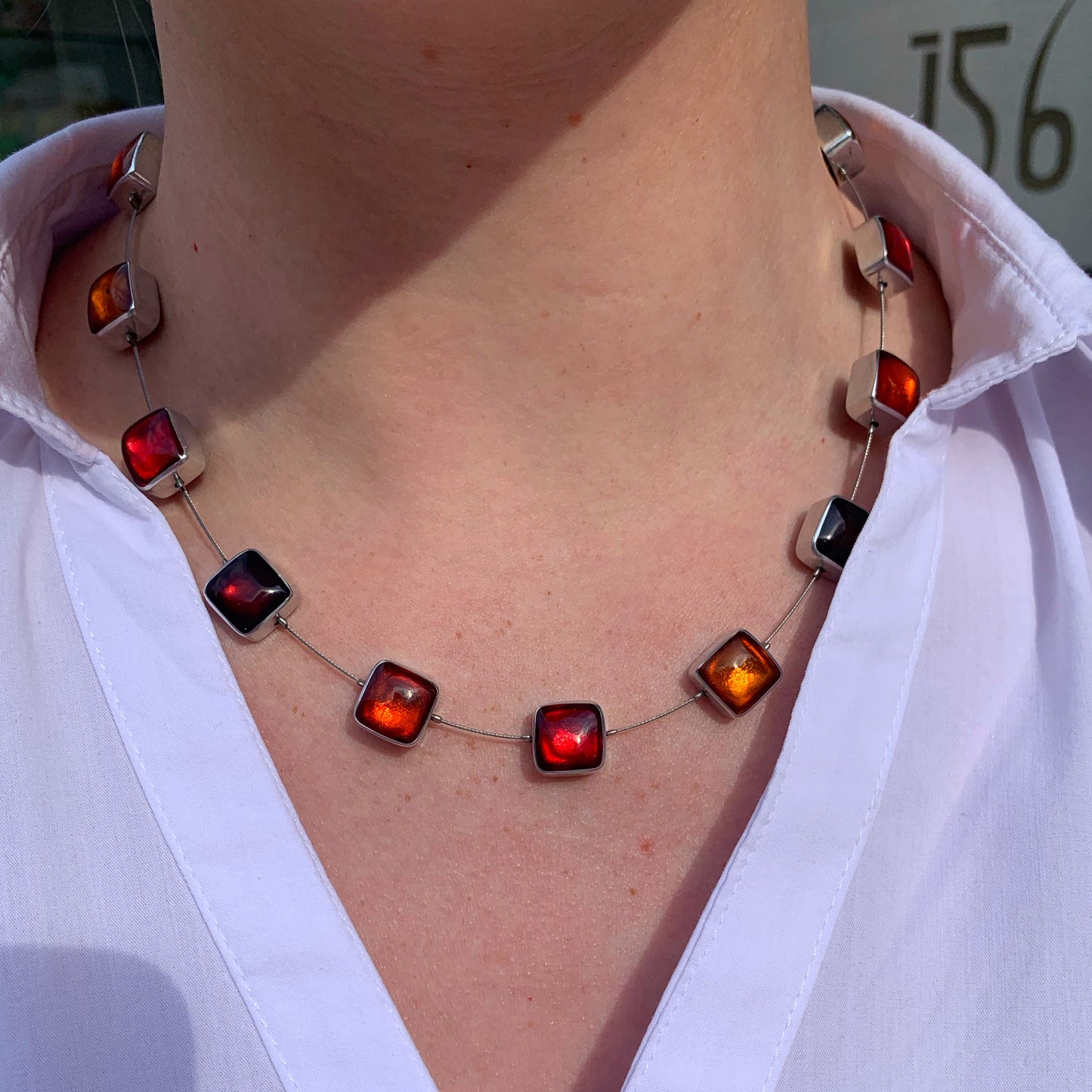 Watch This Space Red and Orange Square Necklace