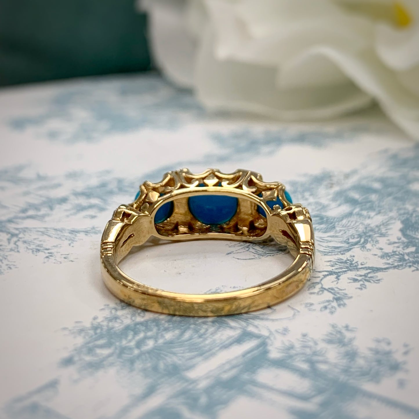 Edwardian Inspired 9ct Yellow Gold Turquoise and Diamond Ring - SIZE M 1/2