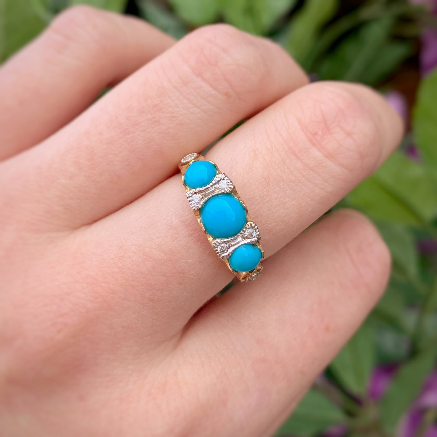 Edwardian Inspired 9ct Yellow Gold Turquoise and Diamond Ring - SIZE M 1/2