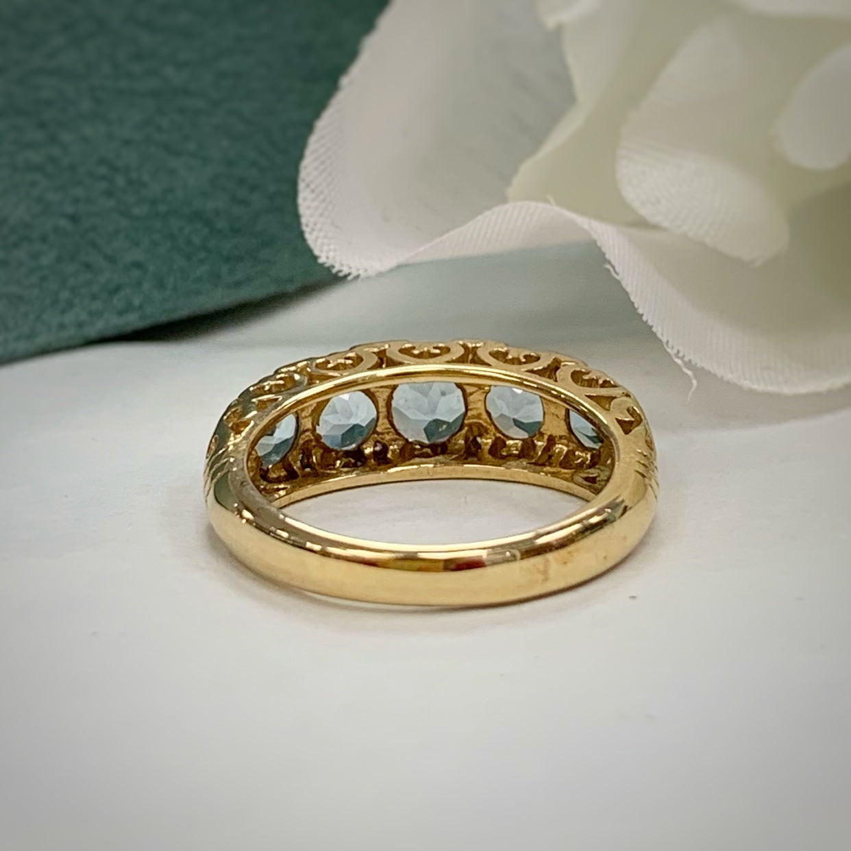 Edwardian Inspired 9ct Yellow Gold Aquamarine and Diamond Ring- SIZE M