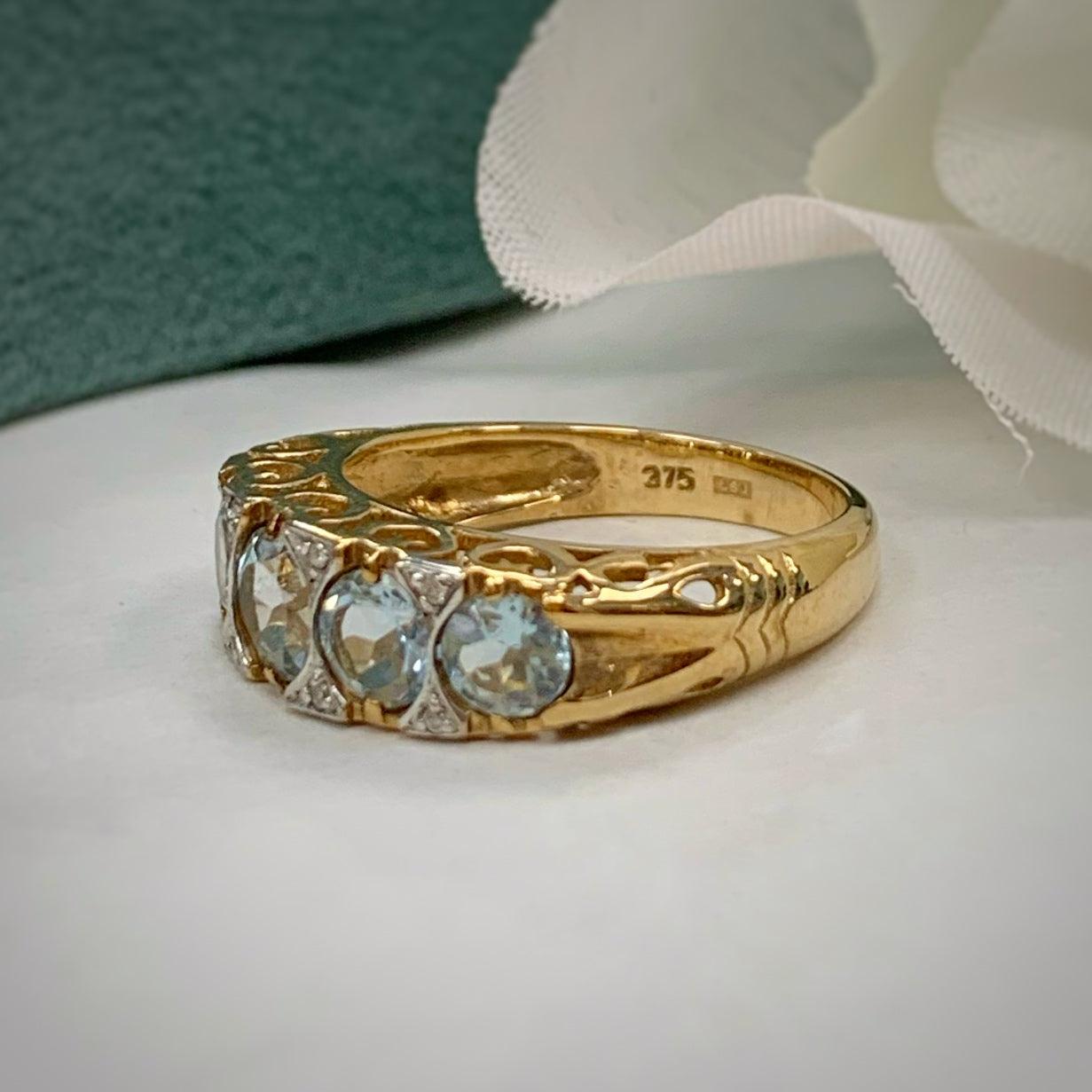 Edwardian Inspired 9ct Yellow Gold Aquamarine and Diamond Ring- SIZE M