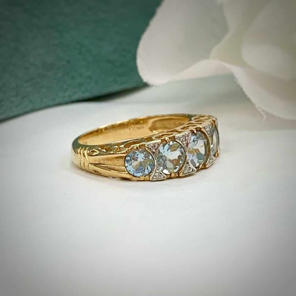 Edwardian Inspired 9ct Yellow Gold Aquamarine and Diamond Ring- SIZE M