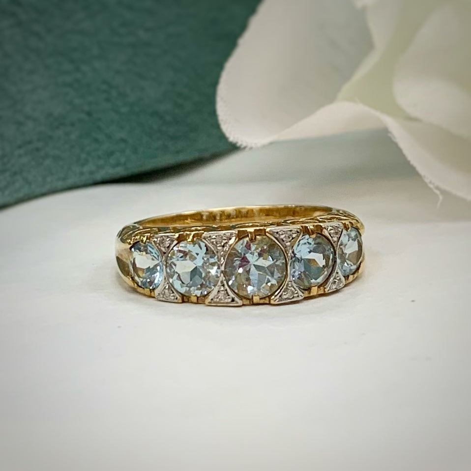 Edwardian Inspired 9ct Yellow Gold Aquamarine and Diamond Ring- SIZE M