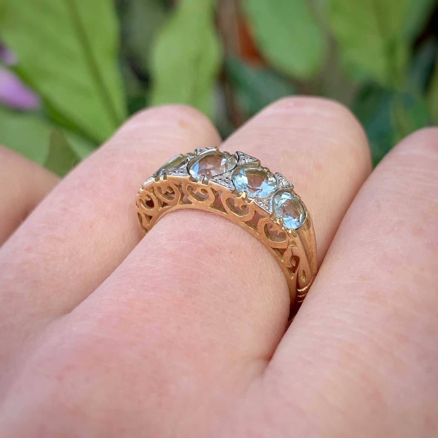 Edwardian Inspired 9ct Yellow Gold Aquamarine and Diamond Ring- SIZE M