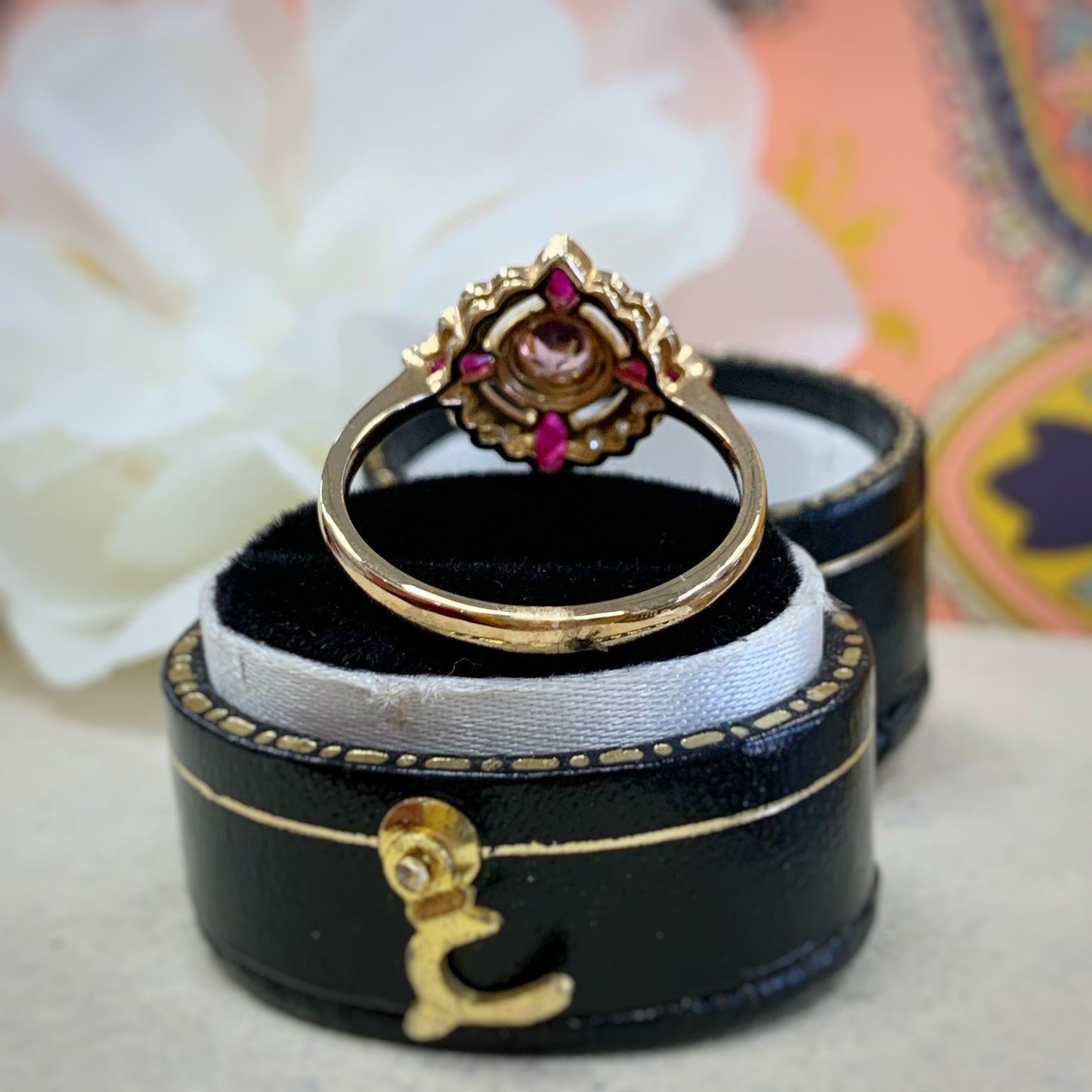 Edwardian Inspired 9ct Yellow Gold Pink Tourmaline Ruby And Diamond Ring - SIZE O