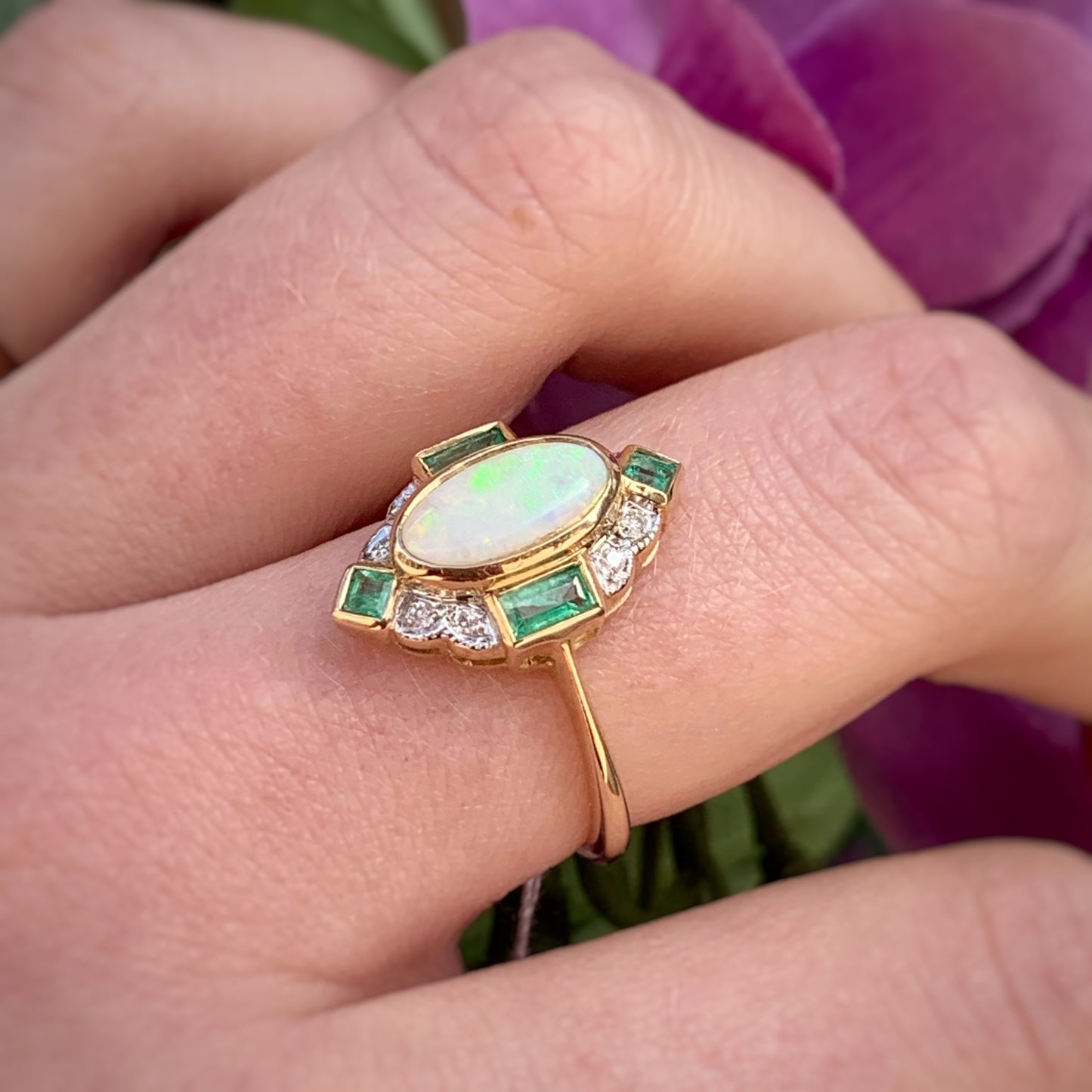 Art Deco Inspired 9ct Yellow Gold Opal Emerald And Diamond Ring - SIZE K