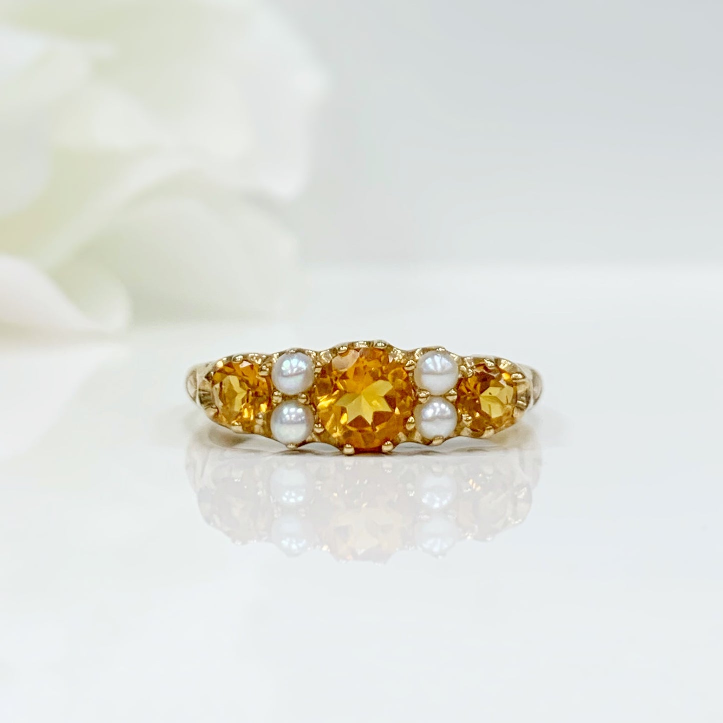 Edwardian Inspired 9ct Yellow Gold Citrine and Pearl Ring - SIZE O