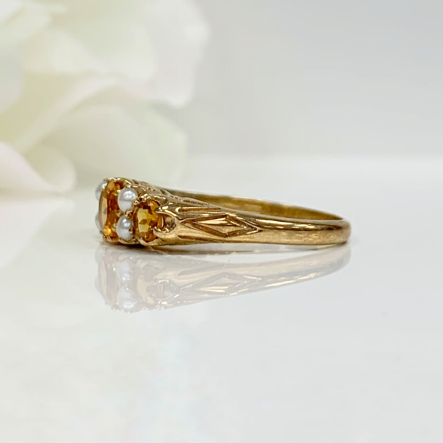 Edwardian Inspired 9ct Yellow Gold Citrine and Pearl Ring - SIZE O