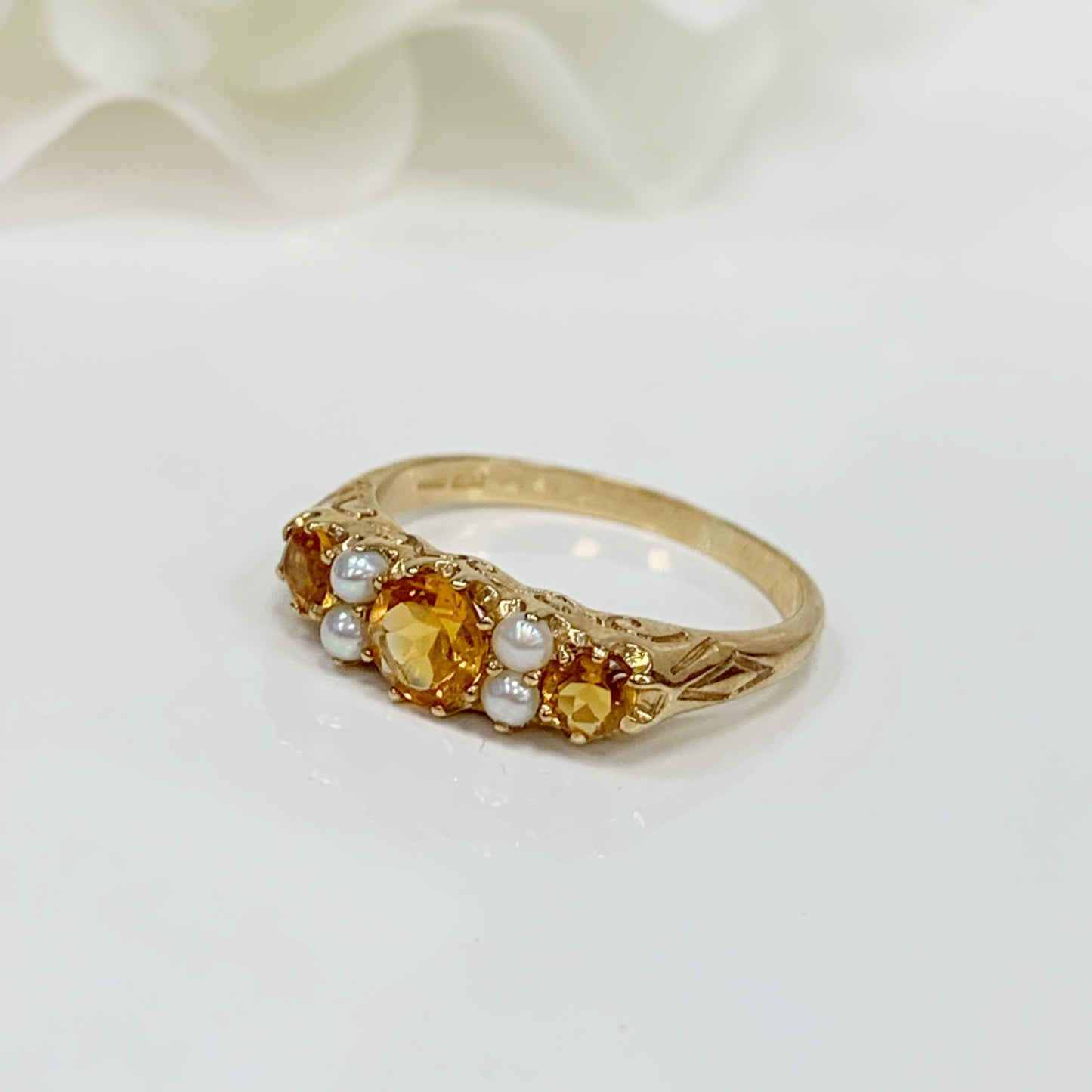 Edwardian Inspired 9ct Yellow Gold Citrine and Pearl Ring - SIZE O