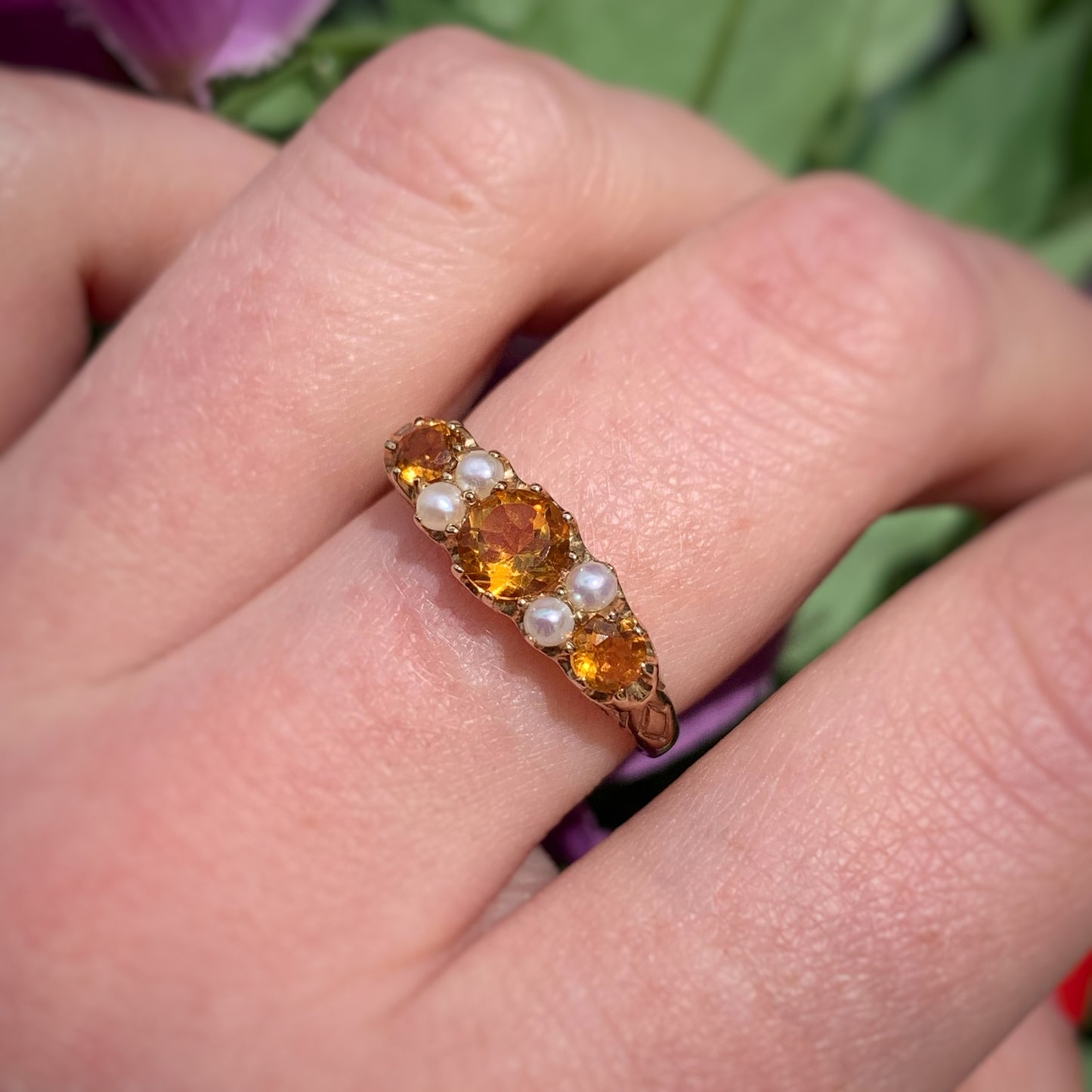 Edwardian Inspired 9ct Yellow Gold Citrine and Pearl Ring - SIZE O