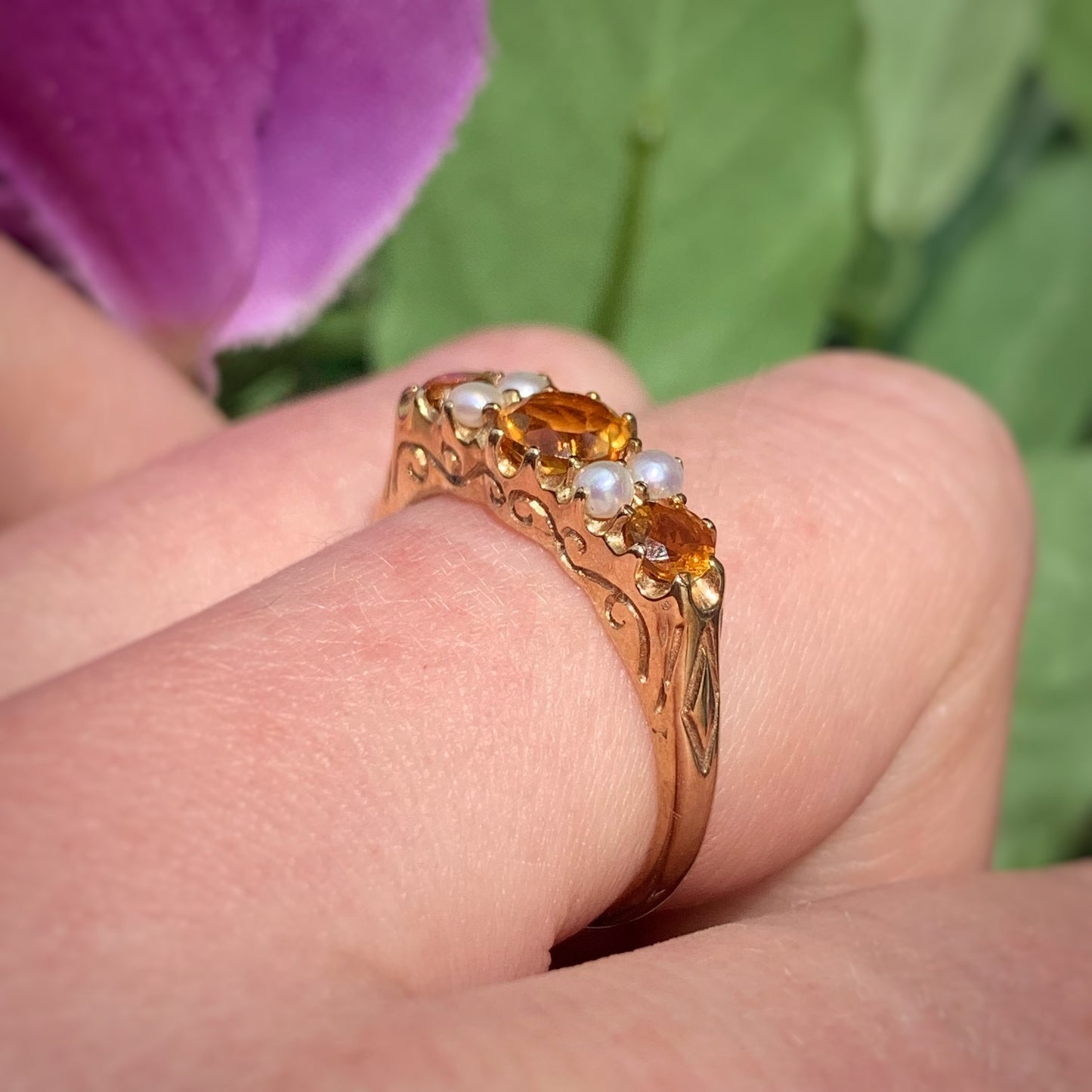 Edwardian Inspired 9ct Yellow Gold Citrine and Pearl Ring - SIZE O