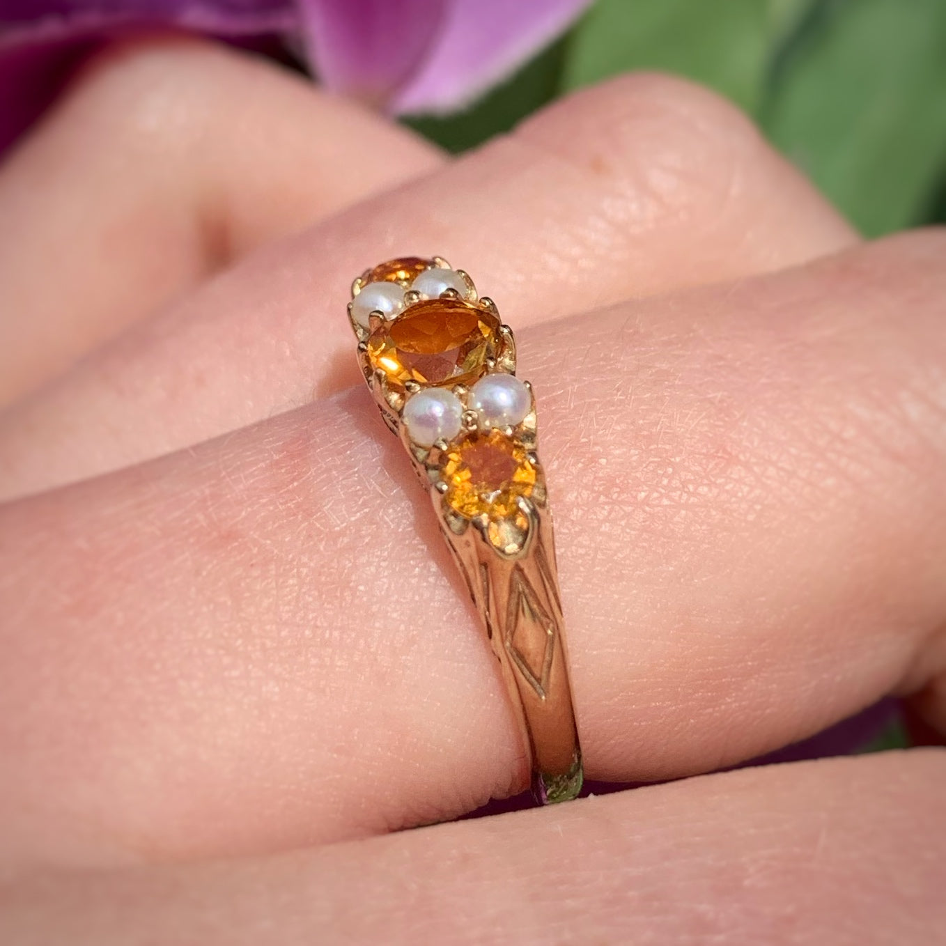 Edwardian Inspired 9ct Yellow Gold Citrine and Pearl Ring - SIZE O