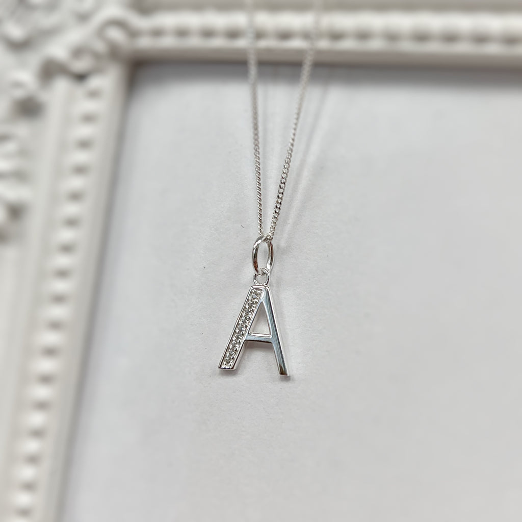 Cubic Zirconia Sterling Silver Initial Pendant (A-Z Available)