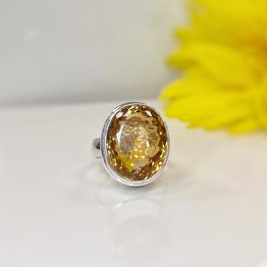 Chunky Sterling Silver Citrine Ring - Size adjustable
