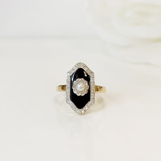 9ct Yellow Gold Diamond, Pearl and Onyx Ring - Size N