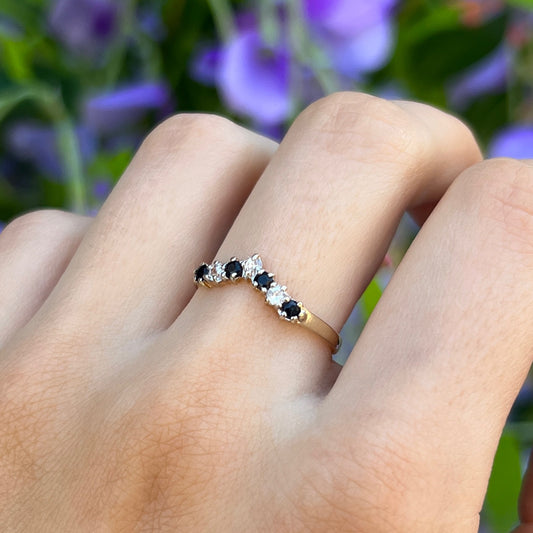 Vintage 9ct Yellow Gold Sapphire and Cubic Zirconia Wishbone Ring - Size N