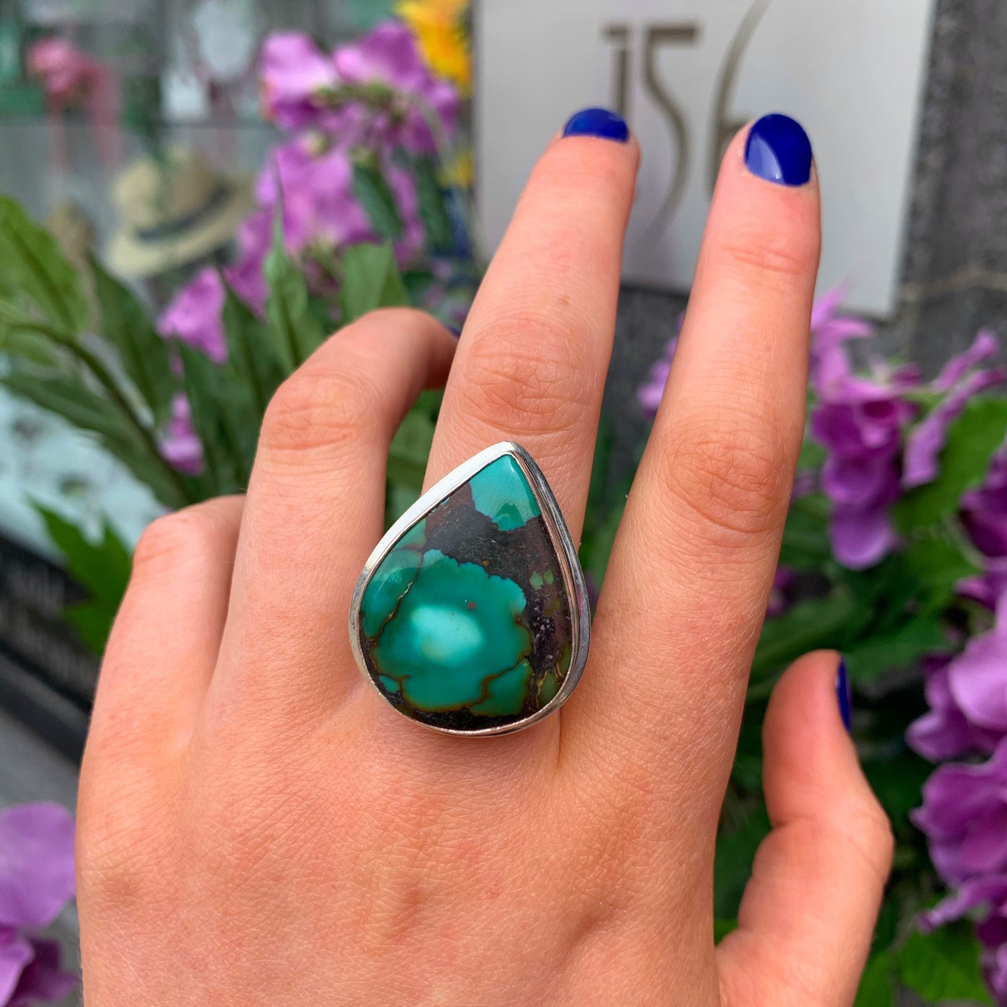 Statement Sterling Silver Pear Cut Green Turquoise Ring - Size O