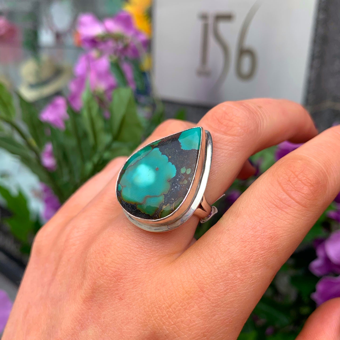 Statement Sterling Silver Pear Cut Green Turquoise Ring - Size O