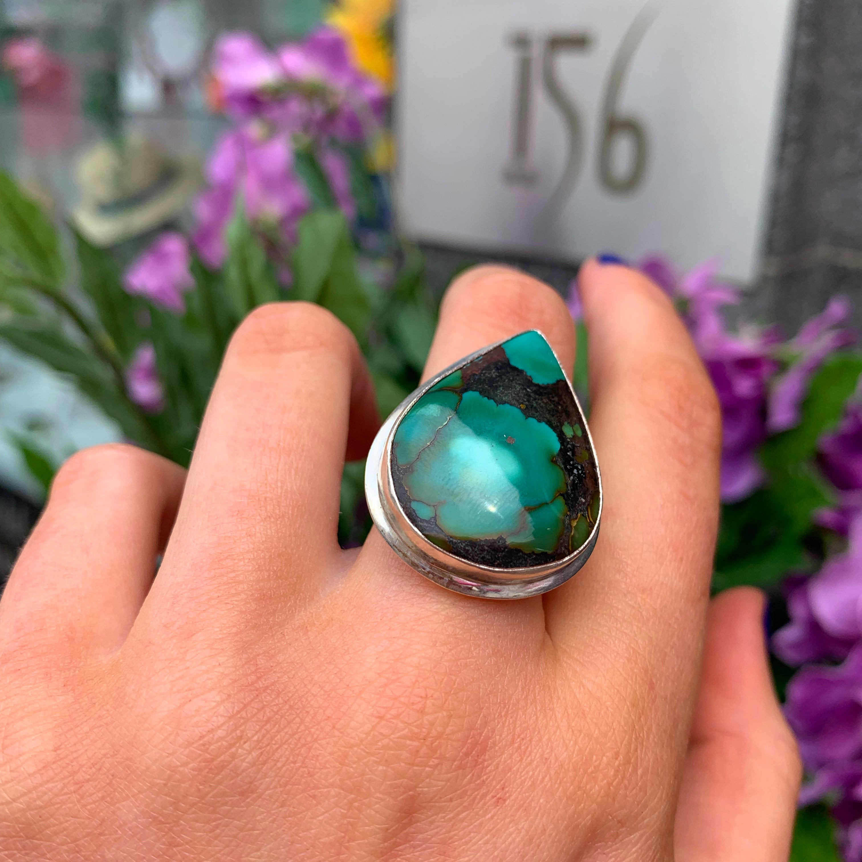 Pear Cut Green Turquoise Sterling Silver Ring | Size O
