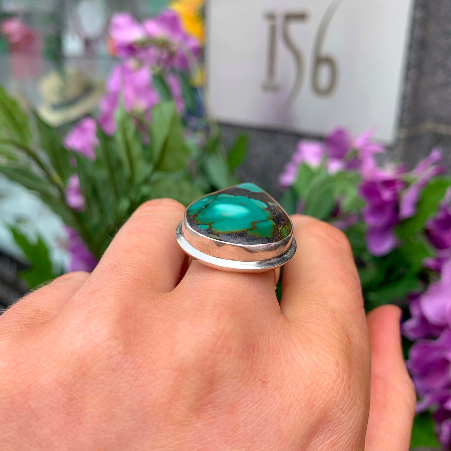 Statement Sterling Silver Pear Cut Green Turquoise Ring - Size O