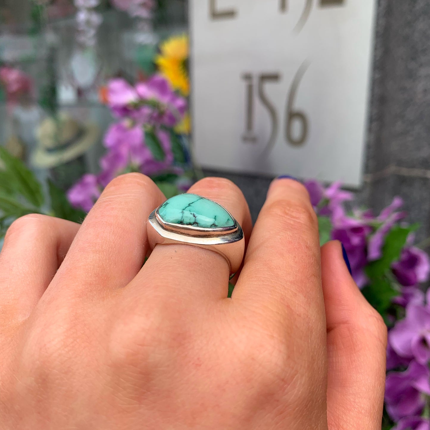 Statement Sterling Silver Abstract Sea Foam Turquoise Ring - SIZE O